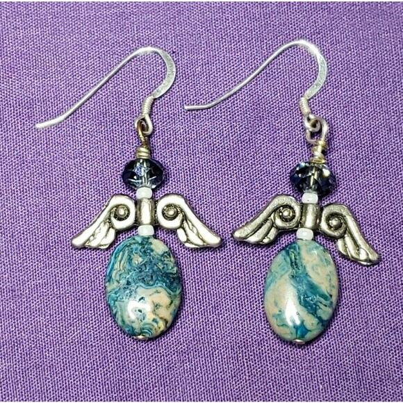 Angel Wing Dangle Earrings with Natural Stone, Glass Beads, & Sterling Hooks - Picture 1 of 12
